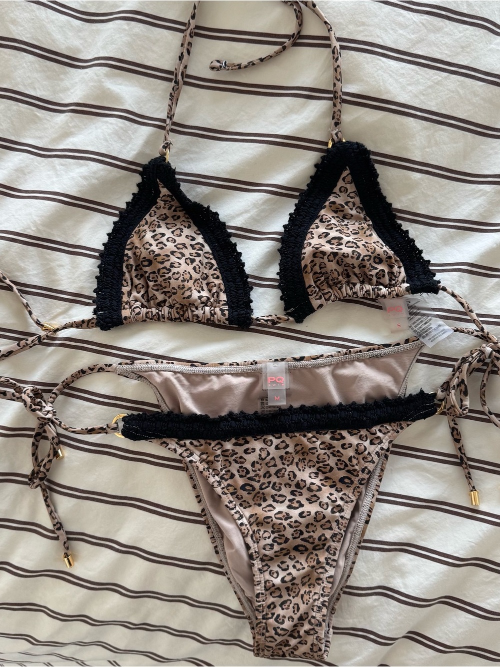 PQ Swim Beige Leopard Triangle Bikini with Black Trim